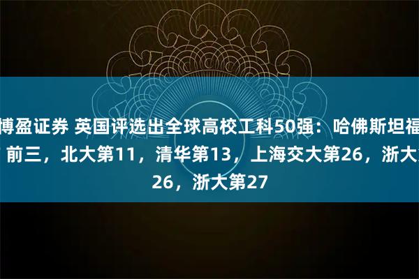 博盈证券 英国评选出全球高校工科50强：哈佛斯坦福 MIT 前三，北大第11，清华第13，上海交大第26，浙大第27